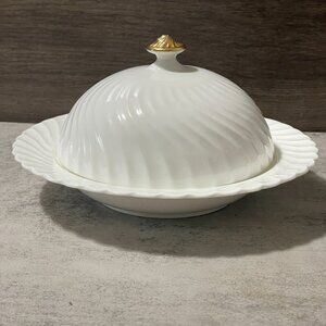 Minton Early 20th C. White Porcelain Domed Covered Cheese Butter Dish Gold Knob